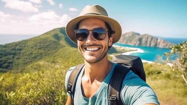 Young man tourist in sunglasses and hat taking selfie in nature by the lake made with Generative AI