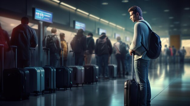 Young man traveller with luggage waiting queue for check in at airline counter service at the airport Image of travel around the world in vacation high quality image