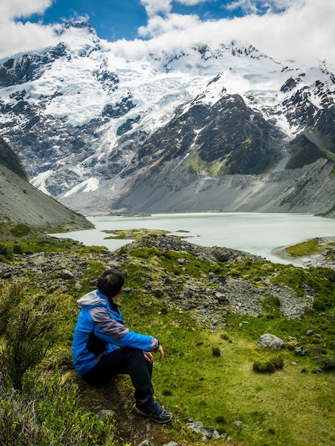 Young man trekking nature landscape