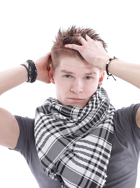 Young man in a tshirt and scarfisolated on a white