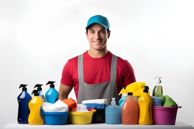 Young man in uniform standing next to a large array of cleaning supplies