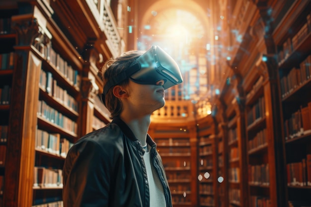 Молодой человек использует дополненную реальность в футуристической библиотеке