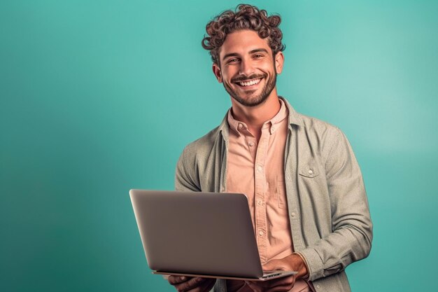 Young man uses laptop smiling handsome guy works on computer