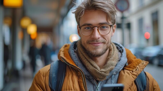 A young man uses a mobile phone to recognize facial features