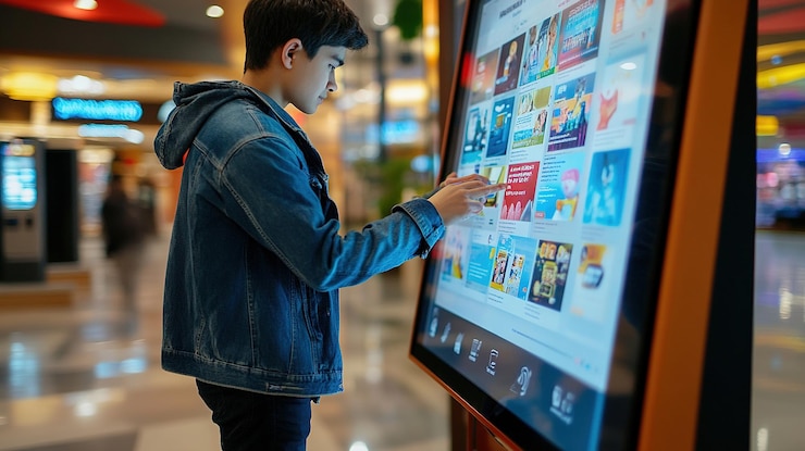 Photo young man using digital kiosk display touchscreen interface in modern shopping mall