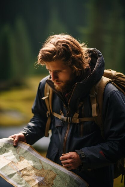 Photo young man using map in the mountain