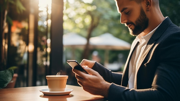 young man using mobile phone while holding credit card at cafe