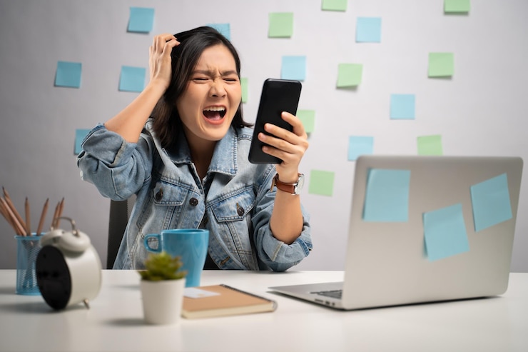 Photo テーブルに座って携帯電話を使っている若い男性
