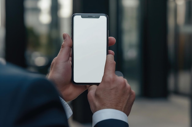 young man using mobile phone with a blank screen modern communication technology