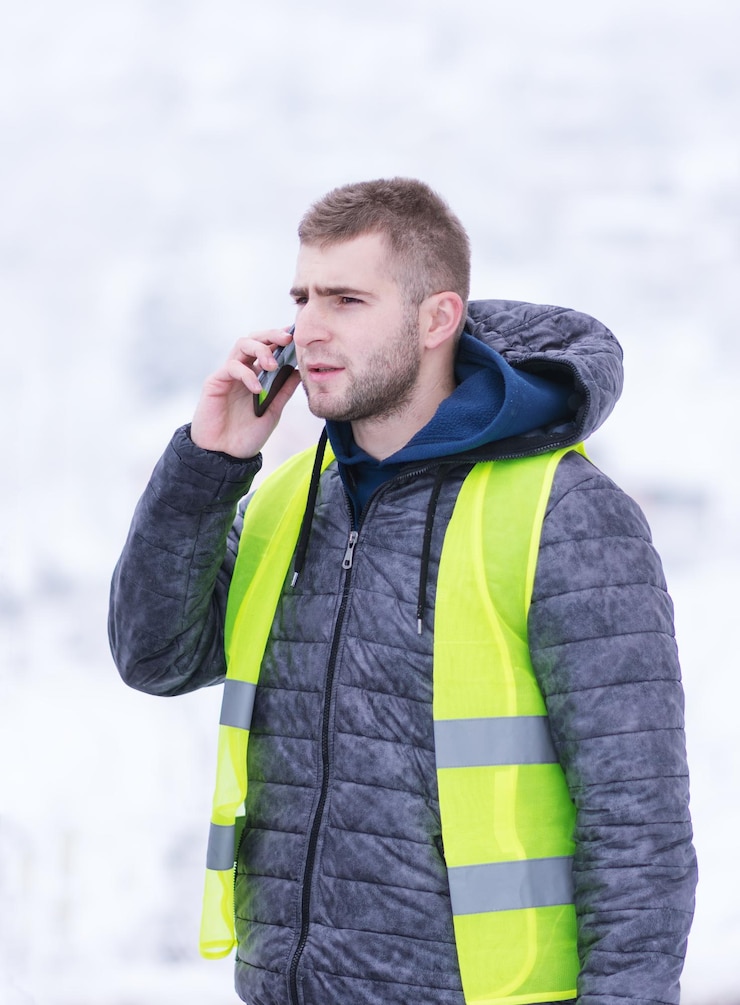 Photo young man using smart phone during winter