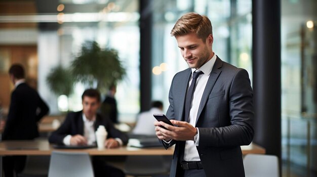 Photo young man using smartphone in business meeting