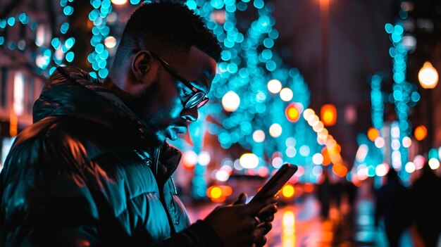 Photo young man using smartphone in street at night