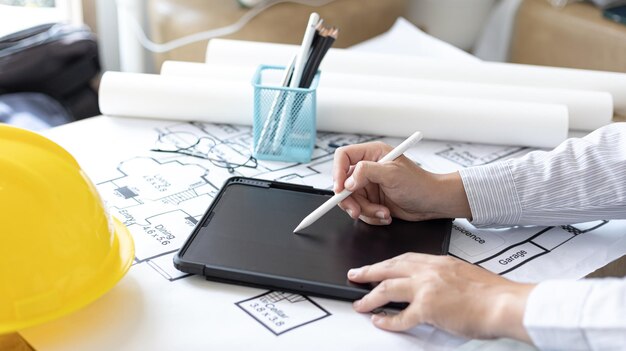 Young man using tablet plotting a system of building structures in blueprints