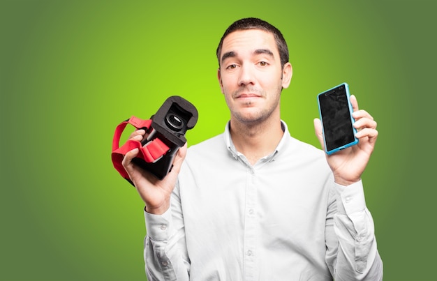 Young man using a virtual glasses