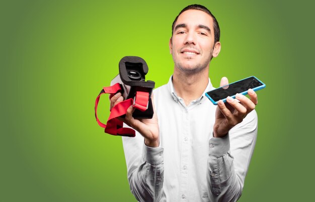 Young man using a virtual glasses