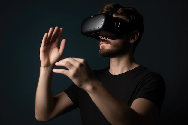 Young man using virtual reality headset VR