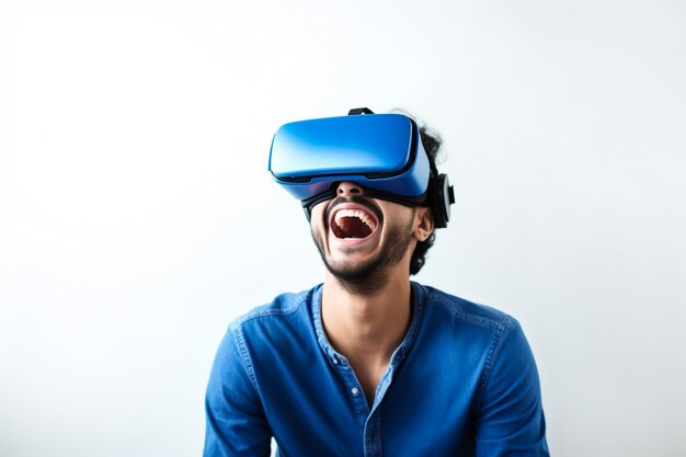 Young man using vr headset in studio experiencing virtual reality