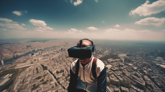 Young man in virtual reality headset VR glasses levitates against backdrop of city AI generated