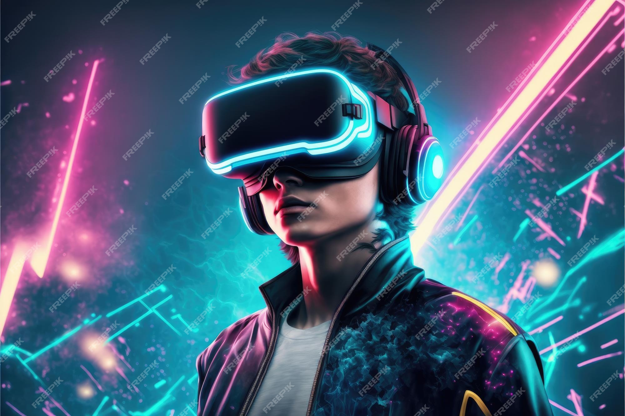 Man in VR glasses play computer online games on PC. Male gamer in virtual  reality headwear enjoy digital world. Flat vector illustration. 26118355  Vector Art at Vecteezy