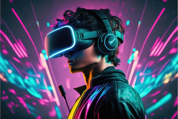 Молодой человек в очках виртуальной реальности играет в видеоигры с гарнитурой виртуальной реальности.