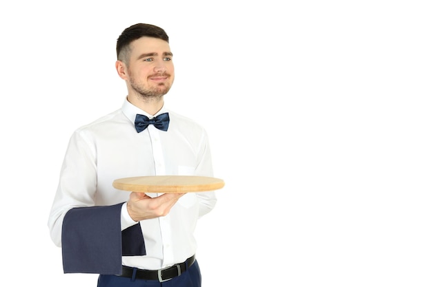 Young man waiter isolated on white background