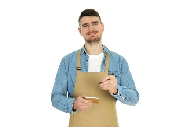 Young man waiter isolated on white background