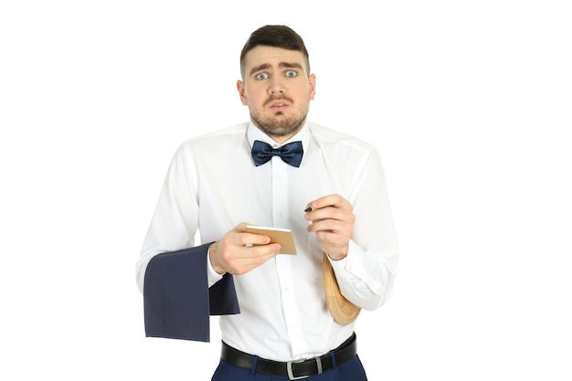 Young man waiter isolated on white background