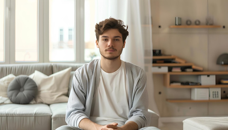 Photo young man waiting for his turn in room