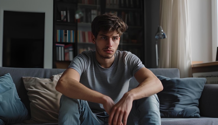 Photo young man waiting for his turn in room