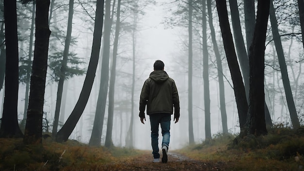 Young man walking alone in the misty forest on a foggy day