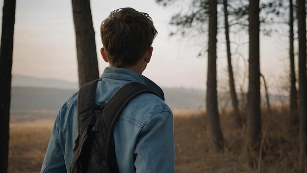 Молодой человек гуляет один в туманном лесу в туманный день