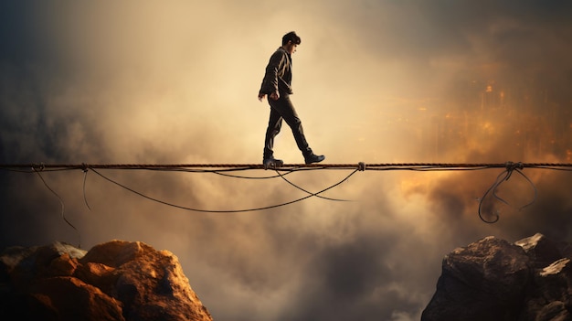 Young man walking in balance on rope