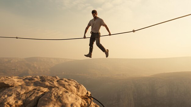 Young man walking in balance on rope