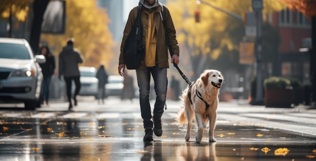 雨の後の秋の街で犬の散歩をしている若い男性 AI が生成