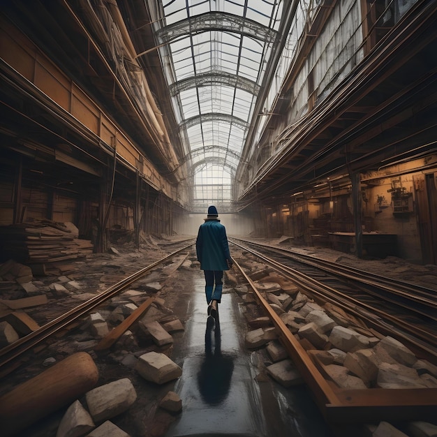 A young man walking in an industrial warehouse generative ai