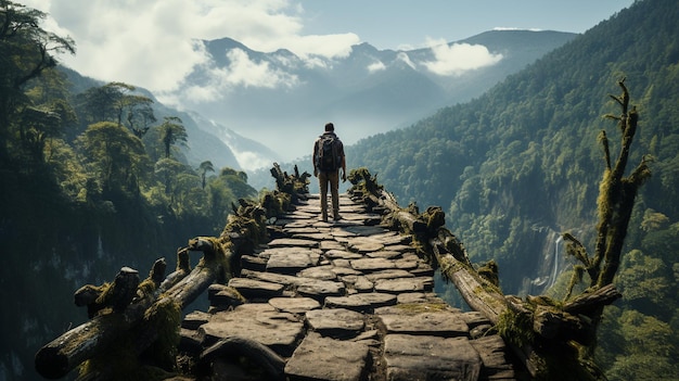 Foto giovane uomo che cammina su un ponte di montagna