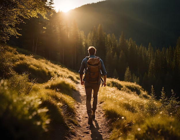 A young man walking with a large backpack on his back