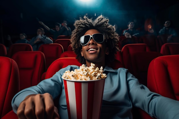 young man watching a movie and eating popcorn