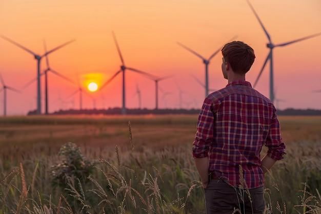 Photo a young man watching the sunset and wind turbines