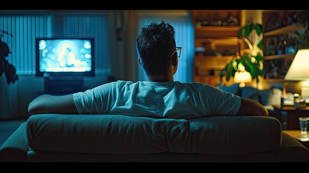 Young man watching TV at night in the living room back view