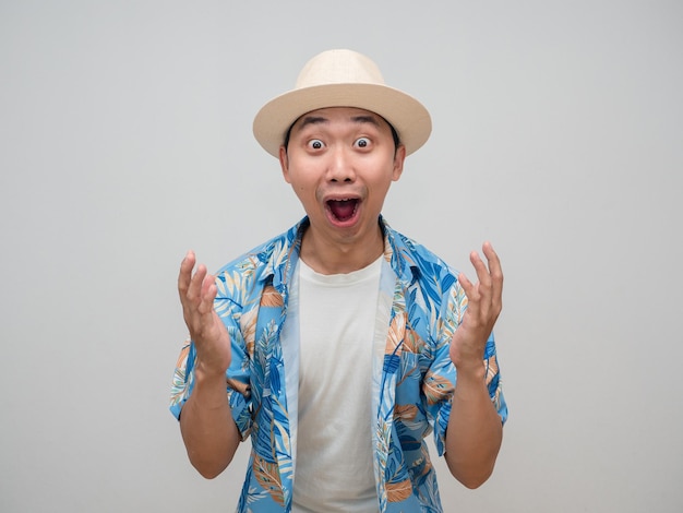 Young man wear hat beach shirt feels shocked portrait