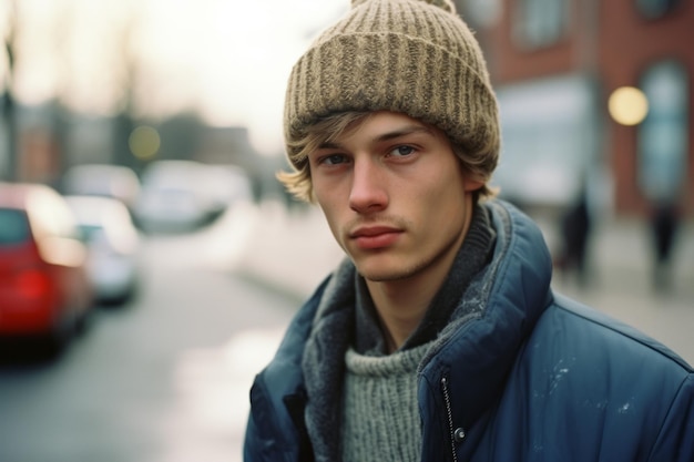 a young man wearing a beanie and jacket standing on the street