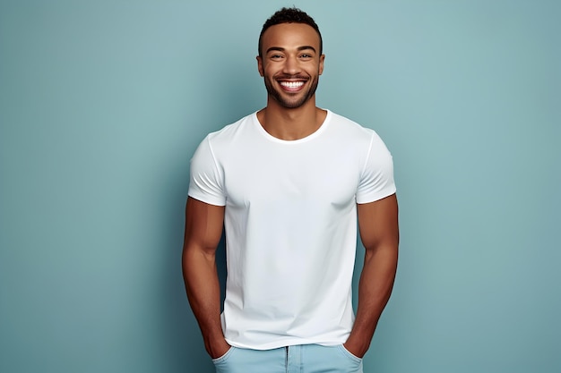 青い背景にベラキャンバスの白いシャツのモックアップを着た若い男性 デザインTシャツテンプレート印刷プレゼンテーションモックアップAI生成