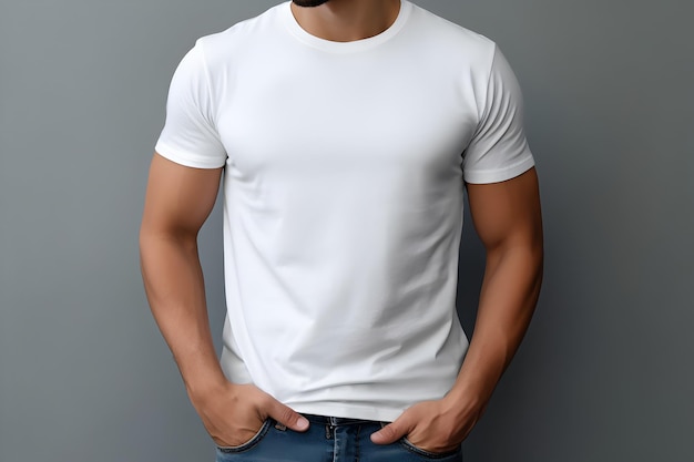 Young man wearing bella canvas white shirt mockup at dark gray background Design tshirt template print presentation mockup AI generated