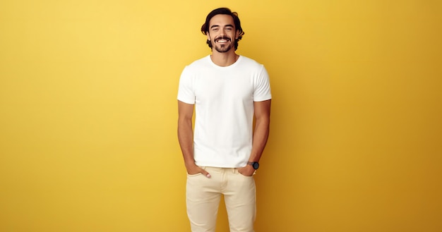 Young man wearing Bella Canvas white shirt mockup at yellow background with copy space for text