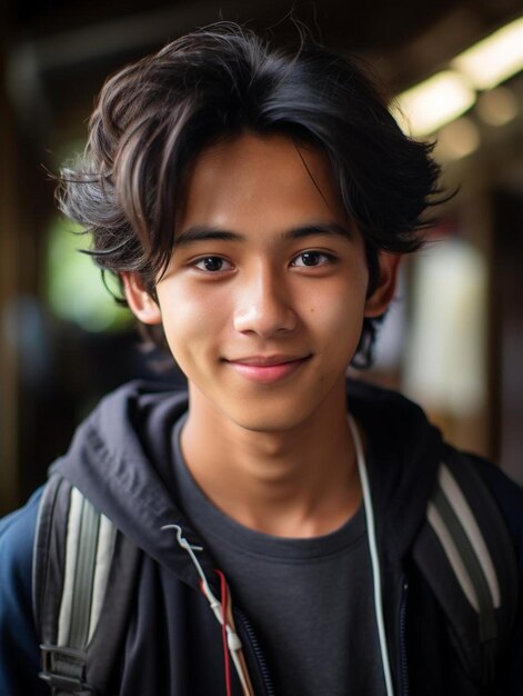 Photo a young man wearing a black jacket with a gray shirt that says  hes smiling