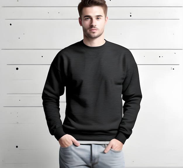 Premium AI Image | Young man wearing blank black sweater mockup print ...