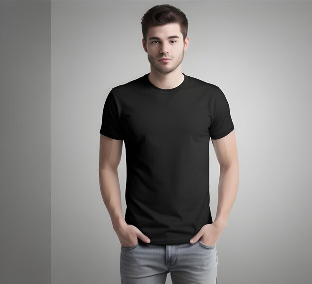 Premium AI Image | Young man wearing blank black t shirt mockup print ...