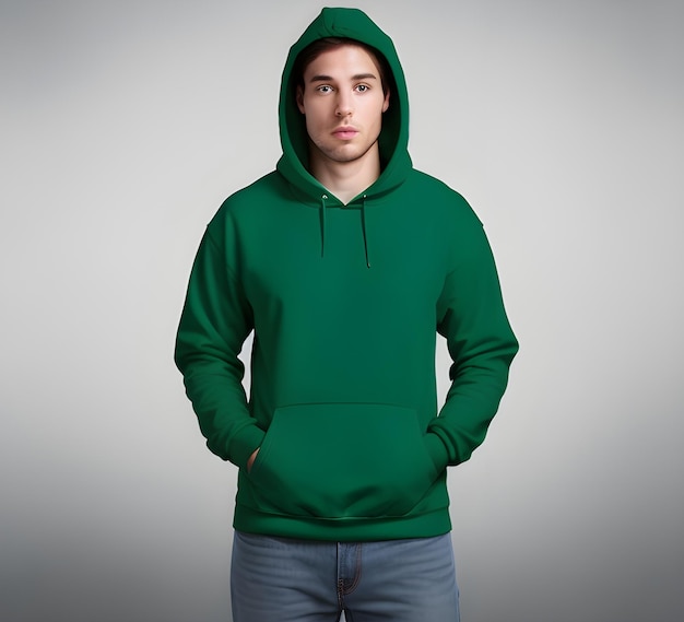 Young man wearing blank green hoodie mockup print presentation mockup ai generate