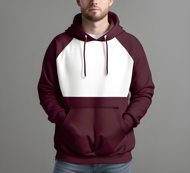 Young man wearing blank maroon hoodie mockup print presentation mockup ai generate